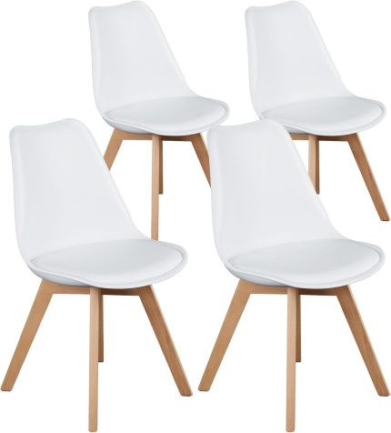 Set of 4 Dining Kitchen Mid-Century Modern Chairs with Wood Legs and PU Leather Cushion for Living Room Bedroom Outdoor Lounge, White
